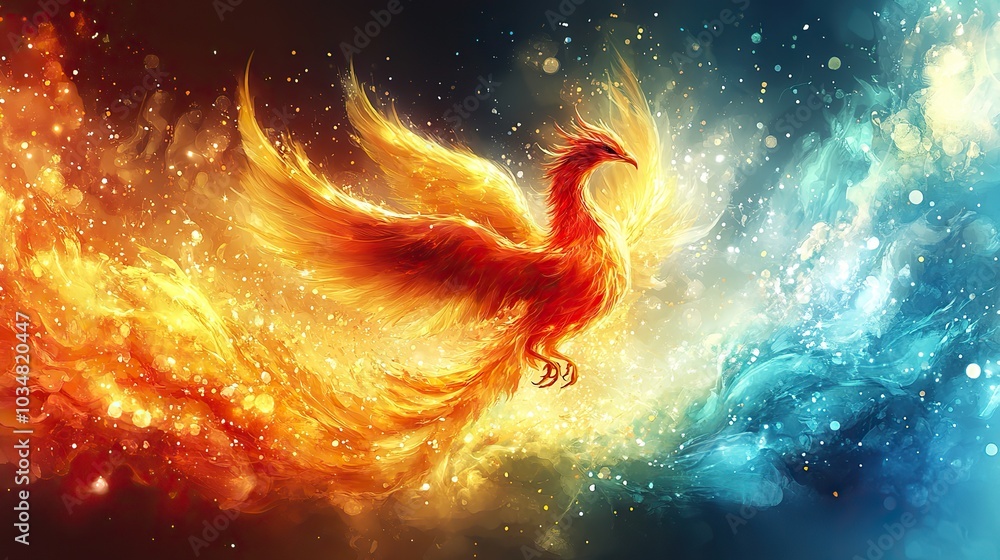 Poster vibrantof phoenix bird symbolizing the rise of powerful programming language framework set against d