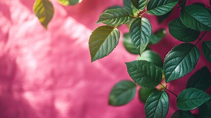 vibrant green leaf shadows cast on soft pink wall creating serene and aesthetically pleasing backdrop ideal for text overlay and design projects.stock image