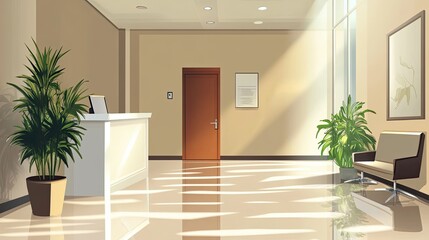 Fototapeta premium Minimalist Lobby Interior with Sunlight Streaming Through Large Windows