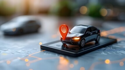 Sleek 3D automotive navigation concept with a futuristic holographic map interface displaying GPS coordinates and vehicle positioning data on a modern digital dashboard display