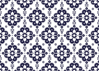 dark blue symbol floral on White background, ethnic fabric seamless pattern, design for cloth, carpet, batik, wallpaper, wrapping etc.