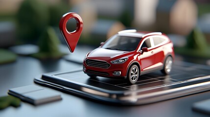 A modern 3D rendering of a sleek futuristic car with floating GPS coordinates and a vibrant detailed cityscape serving as the background  The car showcases advanced technology and design features