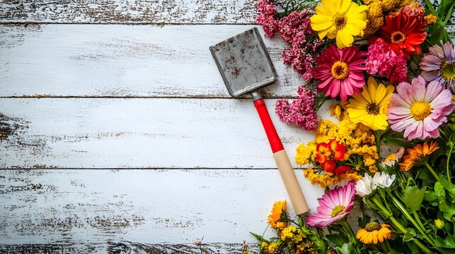 Flowers and garden tool trovel for kids on white painted woode. 