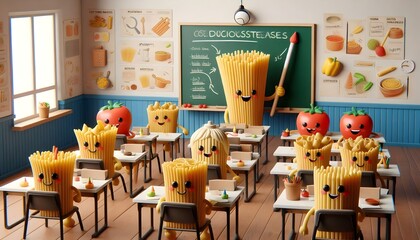 classroom where 3d rendered pasta cartoon characters are learning how to become delicious meals. A spaghetti teacher draws diagrams on a blackboard.