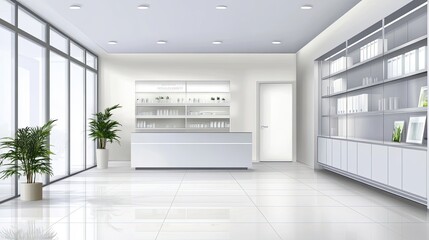 Fototapeta premium Minimalist White Interior Design with a Counter, Glass Shelves, and Plants
