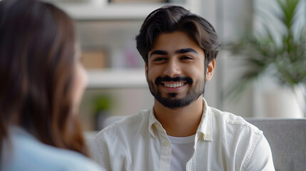 psychology, mental therapy and people concept - happy smiling young indian man patient and woman psychologist at psychotherapy session