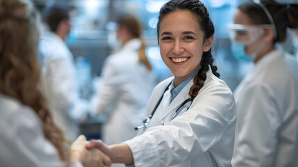 science, work and people concept - international group of happy scientists shaking hands in laboratory