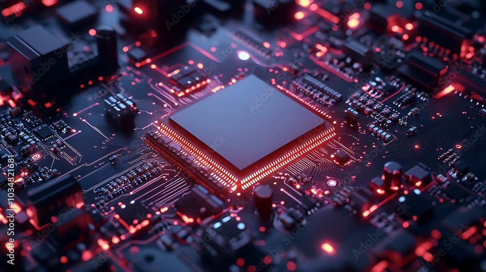Aufkleber close up of a circuit board with a glowing processor