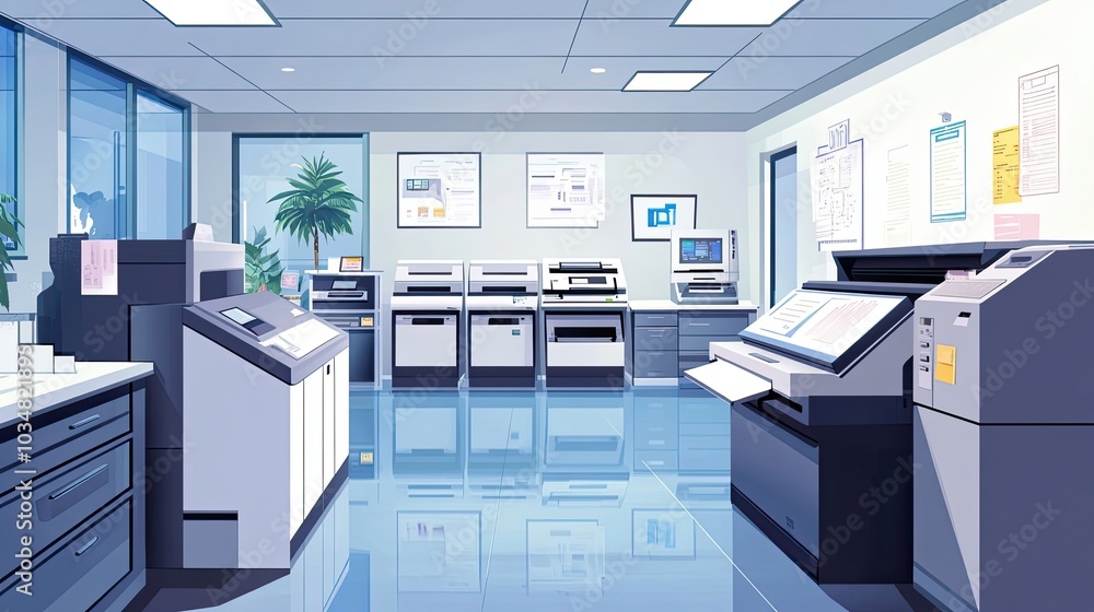 Poster a modern office space with a row of printers and a large format plotter
