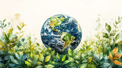 watercolor earth surrounded by leaves with ample blank copy space for text on the left.image