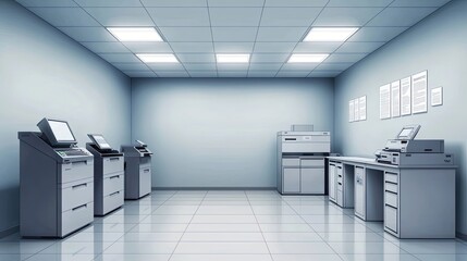 A modern, minimalist office with white tiled floor and multiple printing machines.