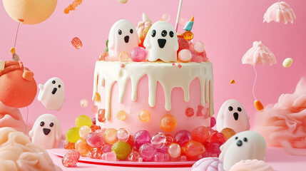 Halloween cake decorated with candies and jelly ghost  in pink background. 