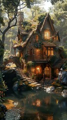 Fototapeta premium Enchanted Cottage in a Lush Forest by a Tranquil River