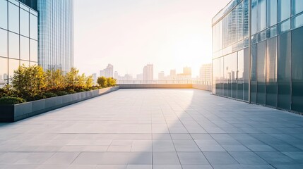 Fototapeta premium Empty Rooftop Terrace with City Skyline and Glass Buildings