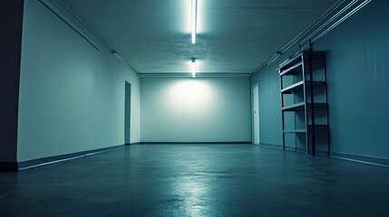 A Dimly Lit Hallway with a Single Shelf and Two Doors