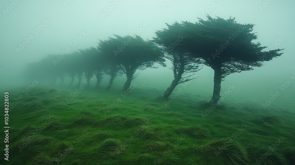 Poster windswept trees isolated in nature bending under strong wind symbolize resilience and the raw power 