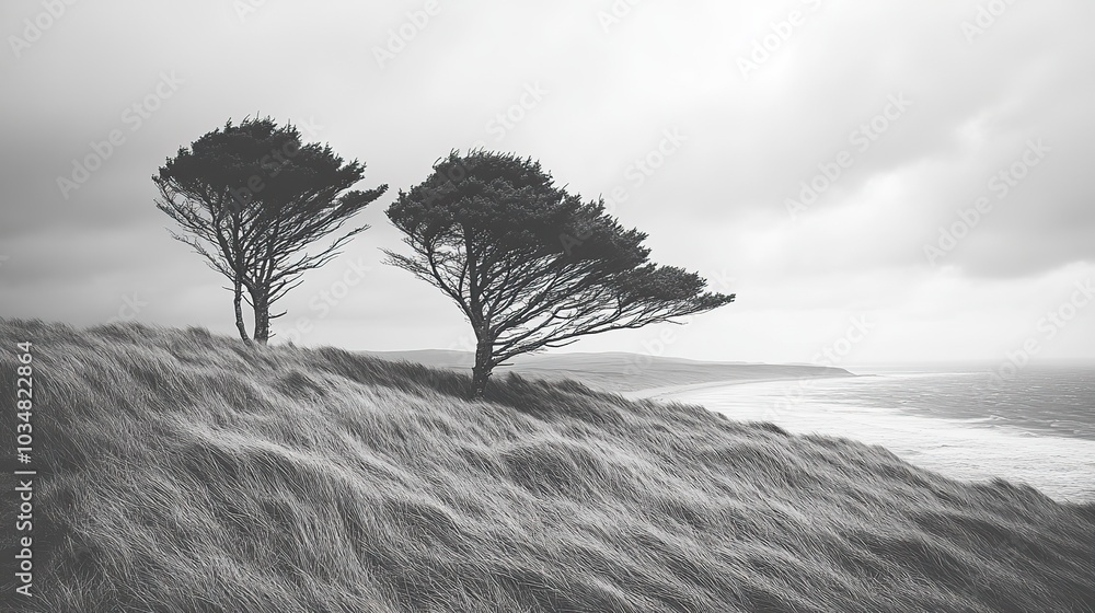 Poster windswept trees standing strong in grassy field symbolizing resilience against harsh conditions.illu