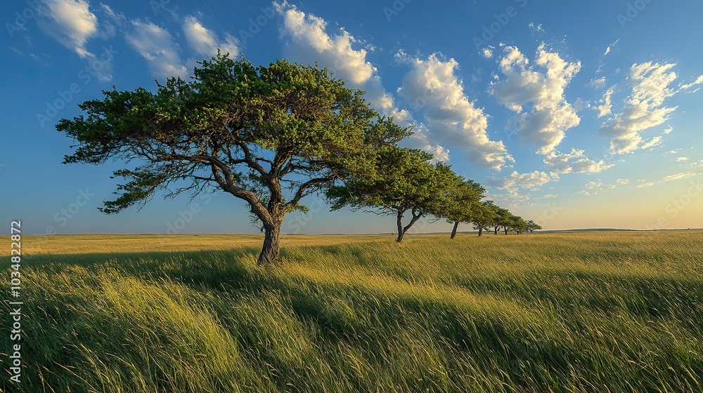 Poster windswept trees standing strong in grassy field symbolizing resilience against harsh conditions