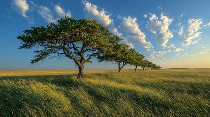 windswept trees standing strong in grassy field symbolizing resilience against harsh conditions