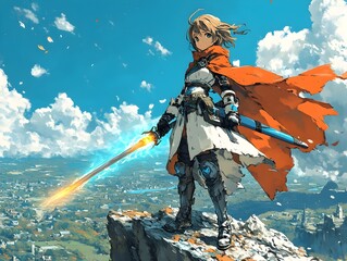 Anime Heroine Wielding Glowing Sword on Cliff's Edge Overlooking Fantasy Landscape