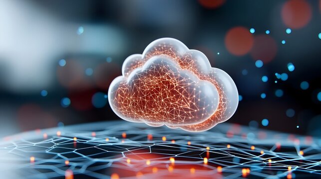 Sleek glowing nodes in a two tone minimalist pattern connected in a cloud like network formation floating in a dark outer space setting  This digital conveys a futuristic