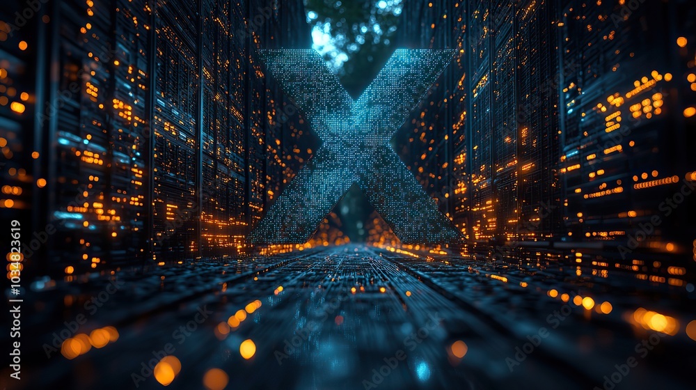 Poster x sign made of server racks symbolizes compute power derived from social medi data.image