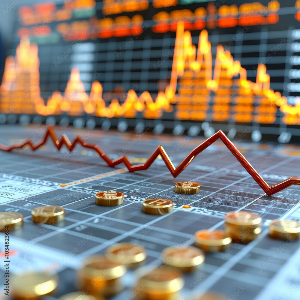 Poster a close-up view of a financial market analysis showing rising trends with sharp graphs and scattered