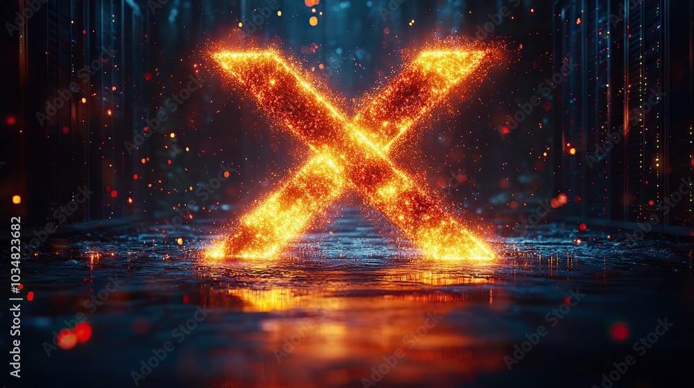 Poster x sign made of server racks symbolizes compute power derived from social medi data.stock image