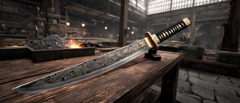 An exquisite katana displayed prominently on a handcrafted stand in a traditional workshop setting with intricate detailing and masterful craftsmanship