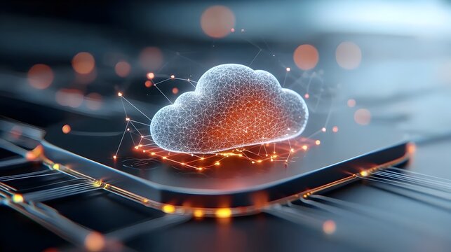 Compact 3D cloud network icon design featuring sleek interconnected nodes glowing with vibrant edges representing a mini futuristic network system or cloud computing concept