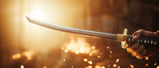 A captivating display of a katana suspended in mid-air bathed in ethereal light and surrounded by glowing embers