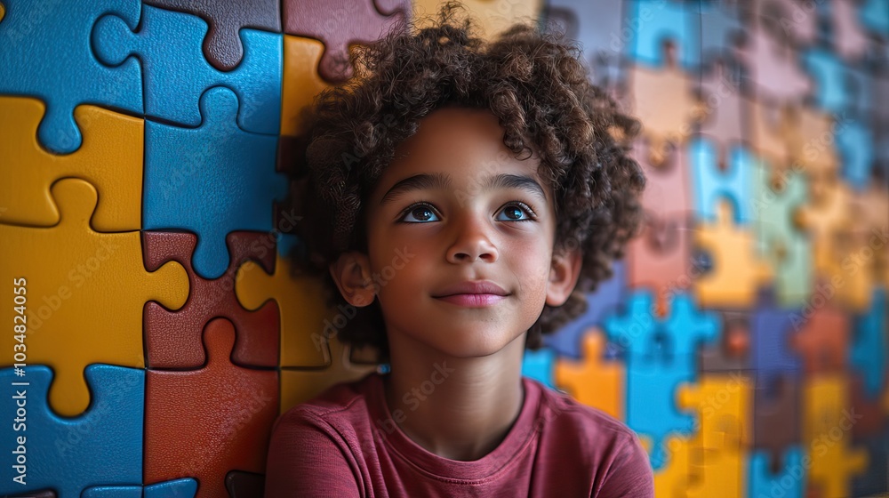 Poster young boy with autism spectrum disorder sits pensively against colorful puzzle wall symbolizing the 