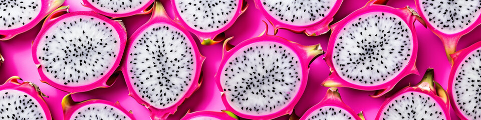 The striking display features fresh dragon fruit slices, revealing their white pulp with tiny black seeds surrounded by vivid pink skin, creating an eye-catching pattern, banner