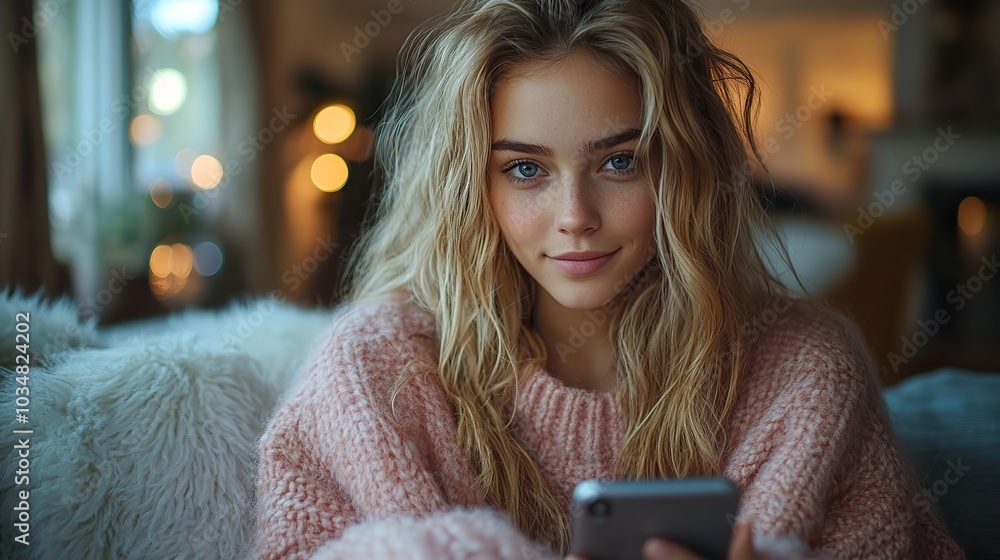 Aufkleber young woman using smartphone to browse an online dating app searching for potential partner the imag