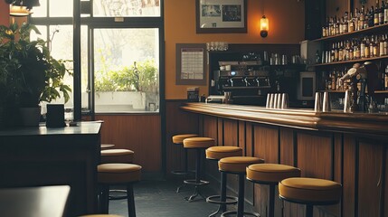 Empty Bar Stools at a Wooden Bar Counter