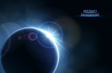 Vector futuristic technology banner. Space with dark planet with sun beam rays and cloud. Sci-fi background.