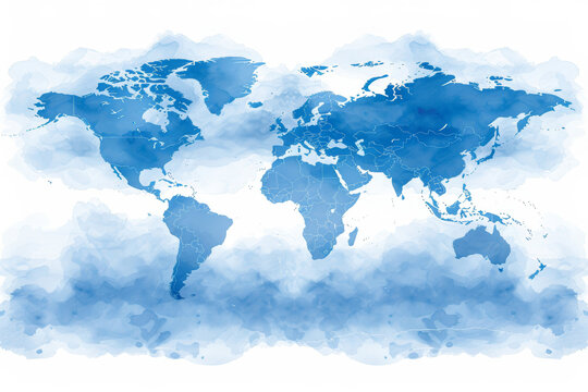 This graphic depicts a world map showing the continents and oceans in varying shades of blue, set against a soft cloud-like background that enhances its serene and modern appearance.