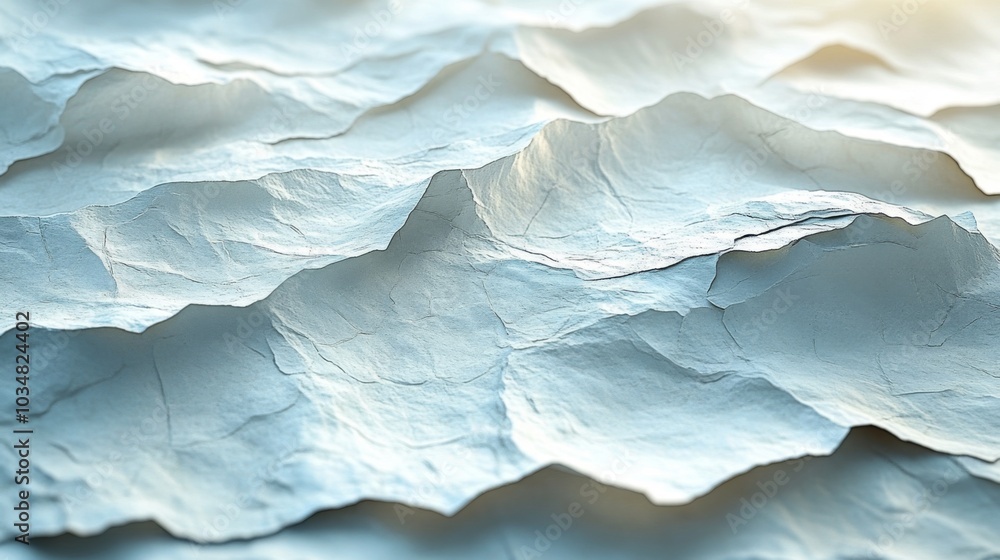 Poster The surface features intricately crumpled paper layers, illuminated by soft light that enhances the textures and shadows, giving a delicate yet dynamic appearance.