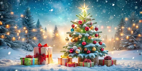 Obraz premium A festive Christmas tree stands adorned with ornaments and twinkling lights in a snowy forest, surrounded by wrapped gifts awaiting the joyous celebration.