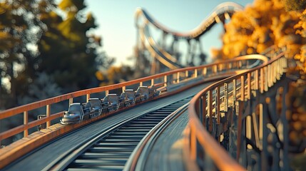 A Close-up of Rollercoaster Tracks with Cars in the Distance