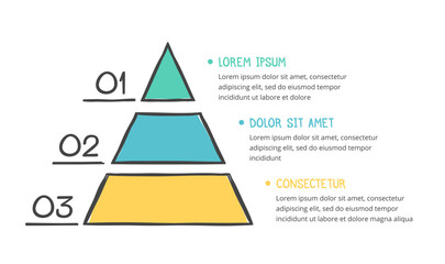 Hand drawn pyramid with three segments, doodle infographics, vector eps10 illustration