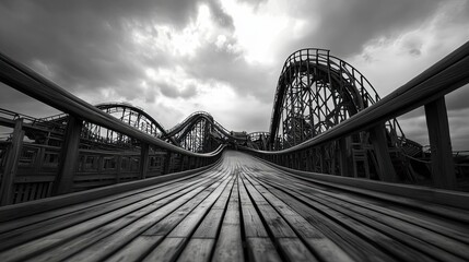Obraz premium Wooden Path Leading Towards a Rollercoaster Against a Cloudy Sky