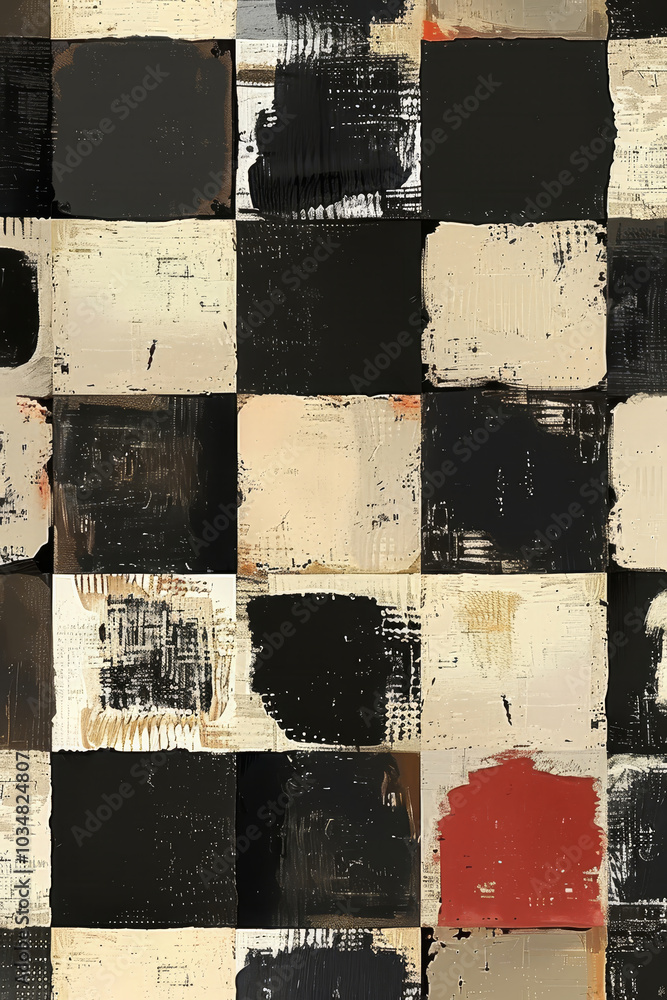 Poster this artwork features a checkerboard layout filled with contrasting colors and textured patches. the