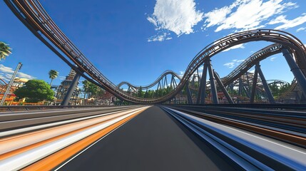 A Low Angle View of a Roller Coaster Track with a Blurry Road in the Foreground