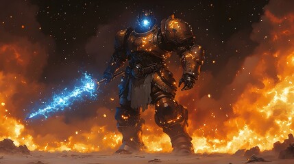 Fototapeta premium Futuristic Titan Warrior Wielding Plasma Spear in Neon-Lit Desert Landscape