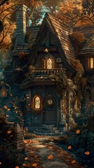 Fototapeta premium Enchanted Stone Cottage in Autumn Forest