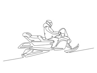 Obraz premium Continuous one line drawing of rider snowmobile extreme sport. Man riding snow scooter line art vector illustration. Editable vector.