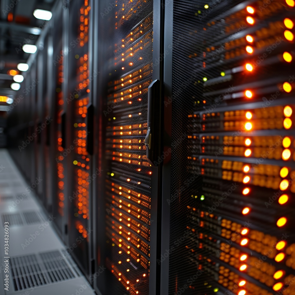 Poster glowing servers illuminate the aisles of a modern data center at night. the organized rows of equipm