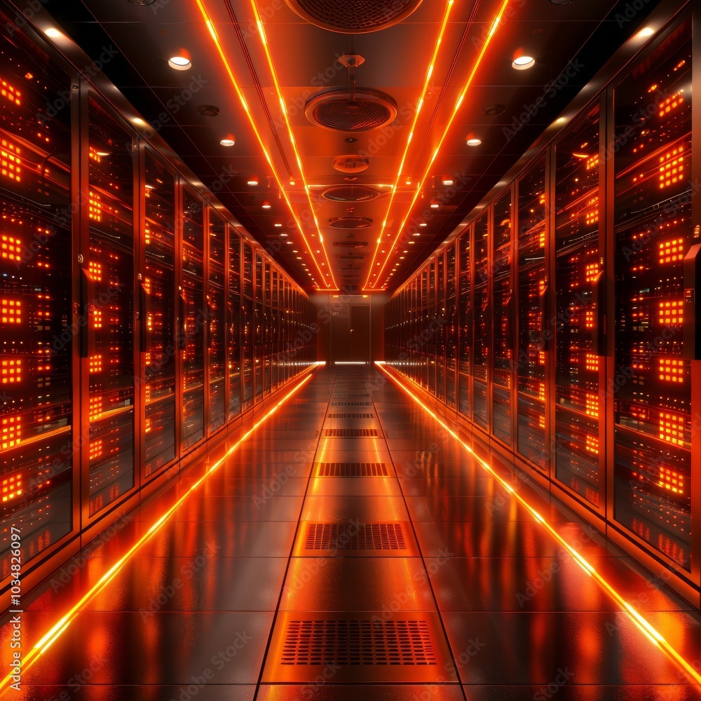Poster rows of high-tech servers shine with orange lighting in a cutting-edge data center. the hall's desig