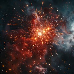 Fototapeta premium A vibrant burst of fireworks lights up the dark night sky, showcasing an array of colors and sparks. The explosion creates a spectacular visual display, captivating onlookers with its beauty.